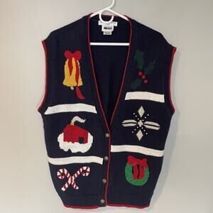 VTG Leslie Fay Christmas Sweater Vest XL Knit Embroidered 1994 Barn Gold Buttons